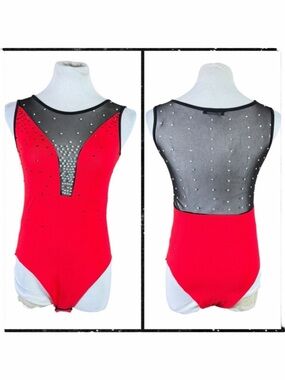 Stylewise Red & Black Mesh Rhinestone Sheer Back Sleeveless Bodysuit - Large